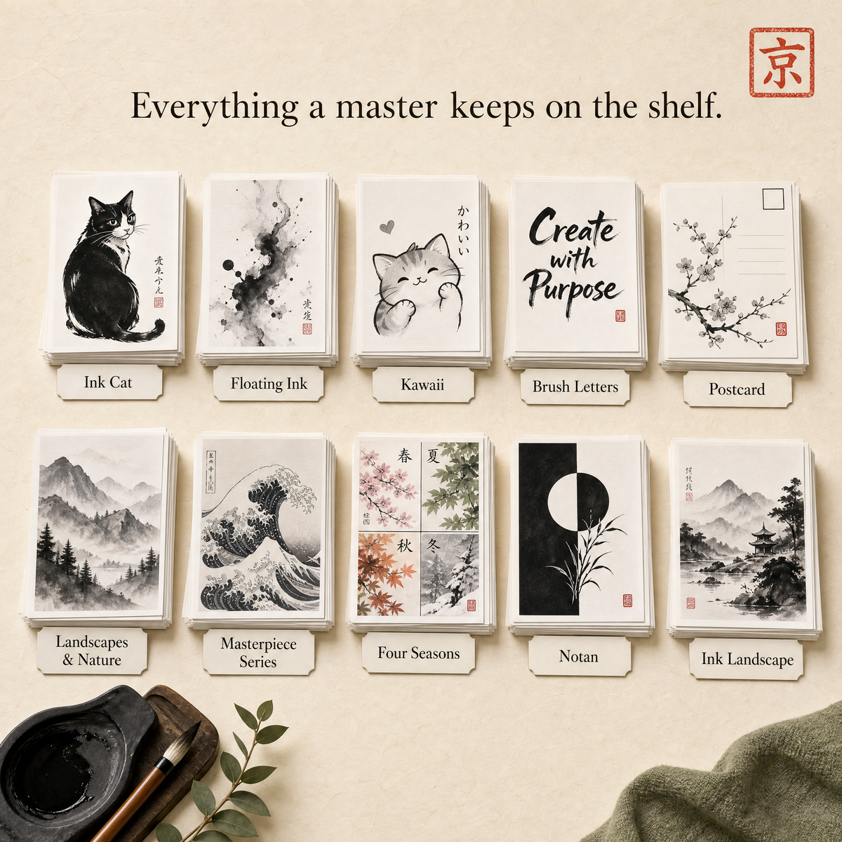 What's inside — 10 collections: ink cat, floating ink, kawaii, brush letters, postcard, landscapes, masterpiece, four seasons, notan, ink landscape