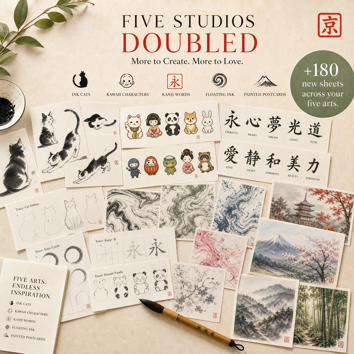 Five Studios Doubled — 180 new sheets across ink cats, kawaii, kanji, floating ink and postcards