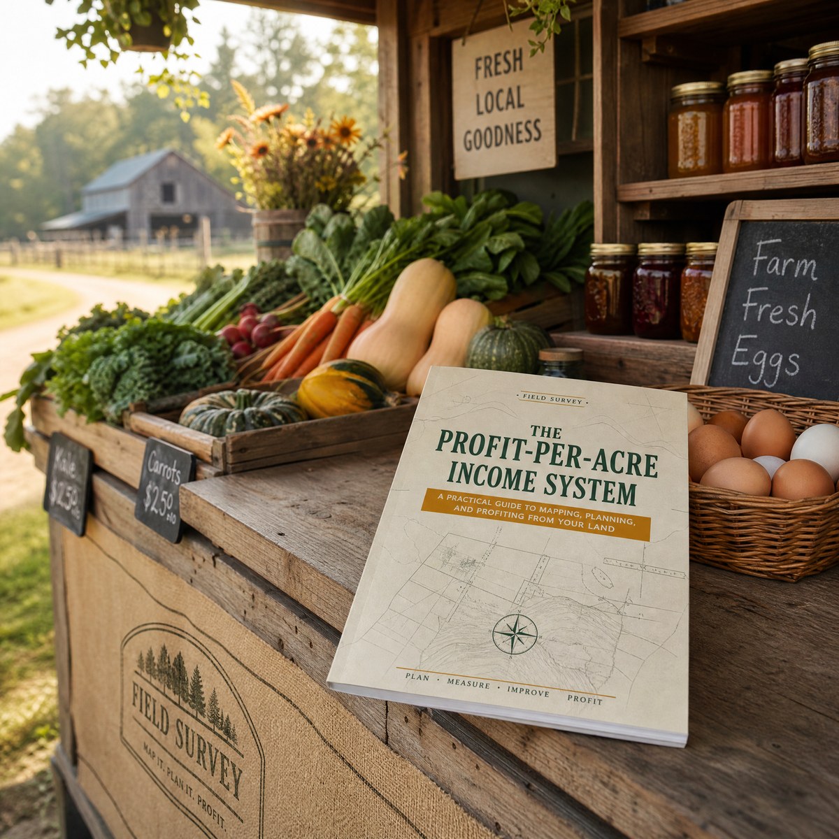 Roadside farm-stand lifestyle with the Income System booklet
