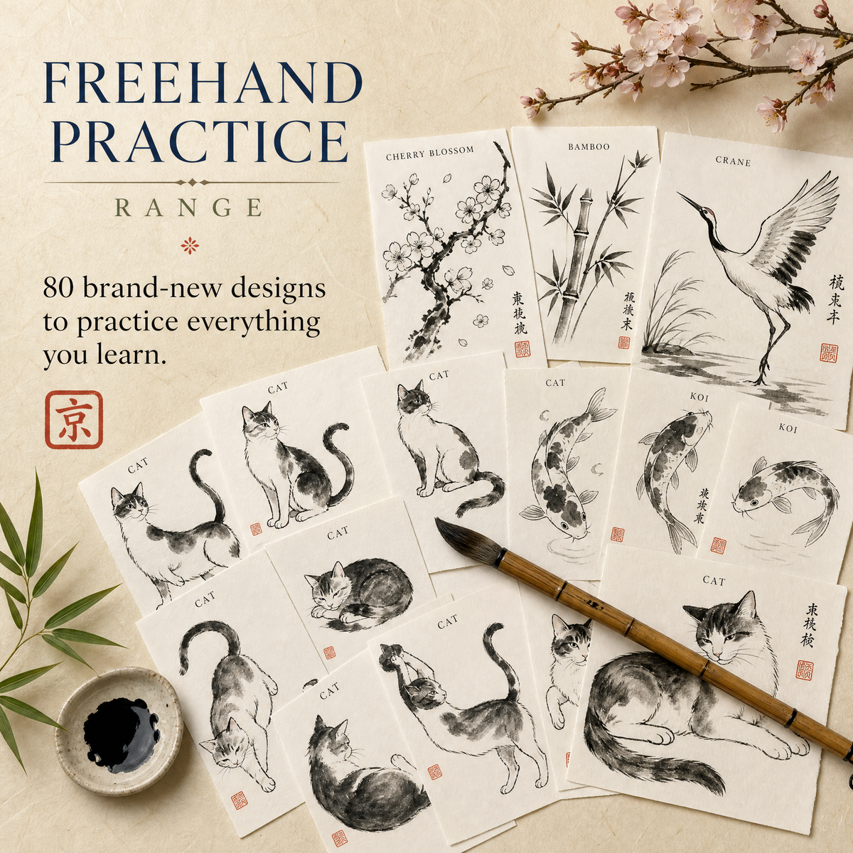 80 brand-new freehand practice designs — cats, koi, cranes, blossoms