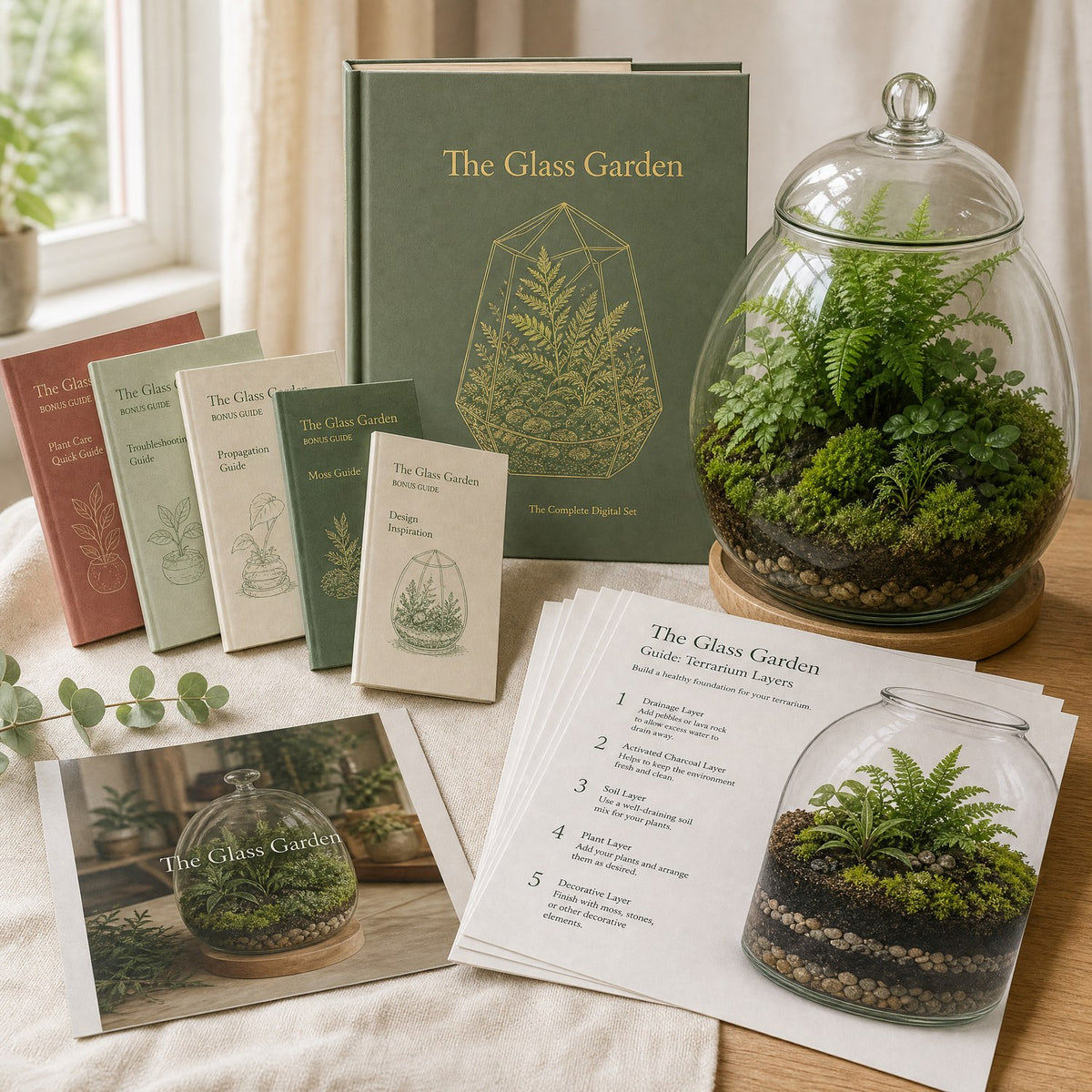 The Glass Garden — the complete digital set: catalog, 5 bonus guides and a real glass terrarium