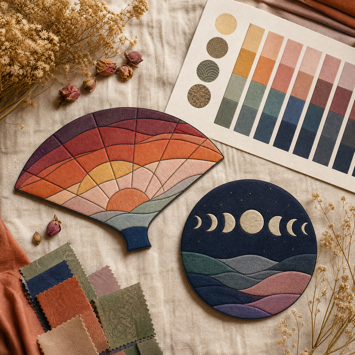 Sunset and moon-phase designs